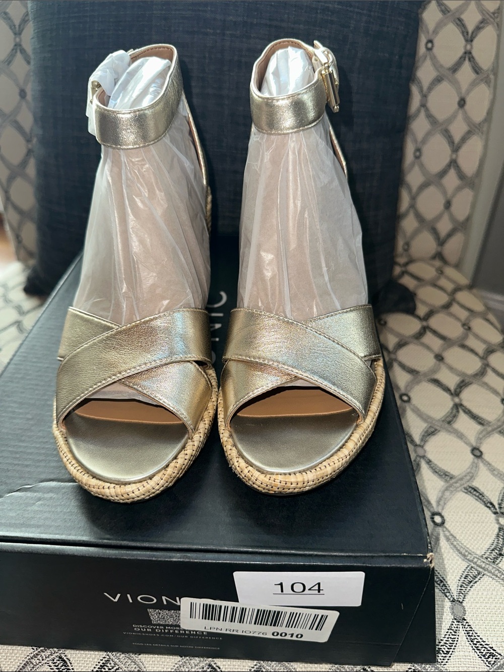 Vionic Metallic Gold Espadrille Ankle-Strap Wedge Sandals